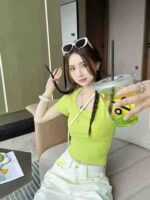 Summer Green Slim Fit 2-Piece Sport Set U-Neck Short Sleeve Top Casual Pants Bulk Stock Wholesale - Image 7