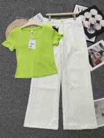 Summer Green Slim Fit 2-Piece Sport Set U-Neck Short Sleeve Top Casual Pants Bulk Stock Wholesale - Image 6