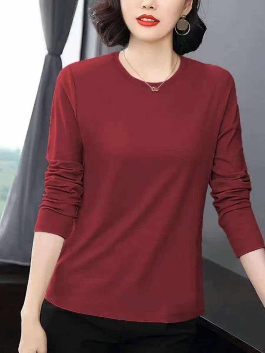 Bulk Unisex Solid Burgundy Long Sleeve Crew Neck Cotton T-Shirts Chinese Clothing Stock Lots Wholesale - Image 1