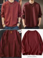 Bulk Unisex Solid Burgundy Long Sleeve Crew Neck Cotton T-Shirts Chinese Clothing Stock Lots Wholesale - Image 9