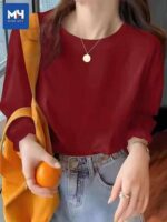 Bulk Unisex Solid Burgundy Long Sleeve Crew Neck Cotton T-Shirts Chinese Clothing Stock Lots Wholesale - Image 8