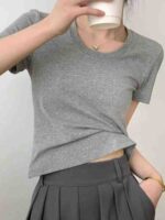 150 Pcs Full Clearance Grey Pure Cotton Women Slim Cropped Round Neck T-Shirts Bulk Wholesale - Image 6