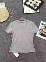 150 Pcs Full Clearance Grey Pure Cotton Women Slim Cropped Round Neck T-Shirts Bulk Wholesale - Image 4