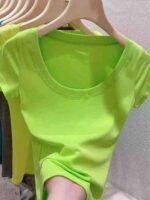 Neon Green U-Neck Women's Short Sleeve T-Shirts New Korean Style Trendy Tops | Bulk Stock Wholesale Clearance - Image 6