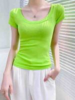 Neon Green U-Neck Women's Short Sleeve T-Shirts New Korean Style Trendy Tops | Bulk Stock Wholesale Clearance - Image 5