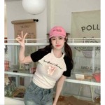 406 PCS 2025 Summer Women's American Retro Pink Patchwork Cropped Slim Fit Crew Neck T-Shirt - Image 8