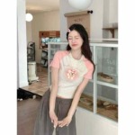 406 PCS 2025 Summer Women's American Retro Pink Patchwork Cropped Slim Fit Crew Neck T-Shirt - Image 7