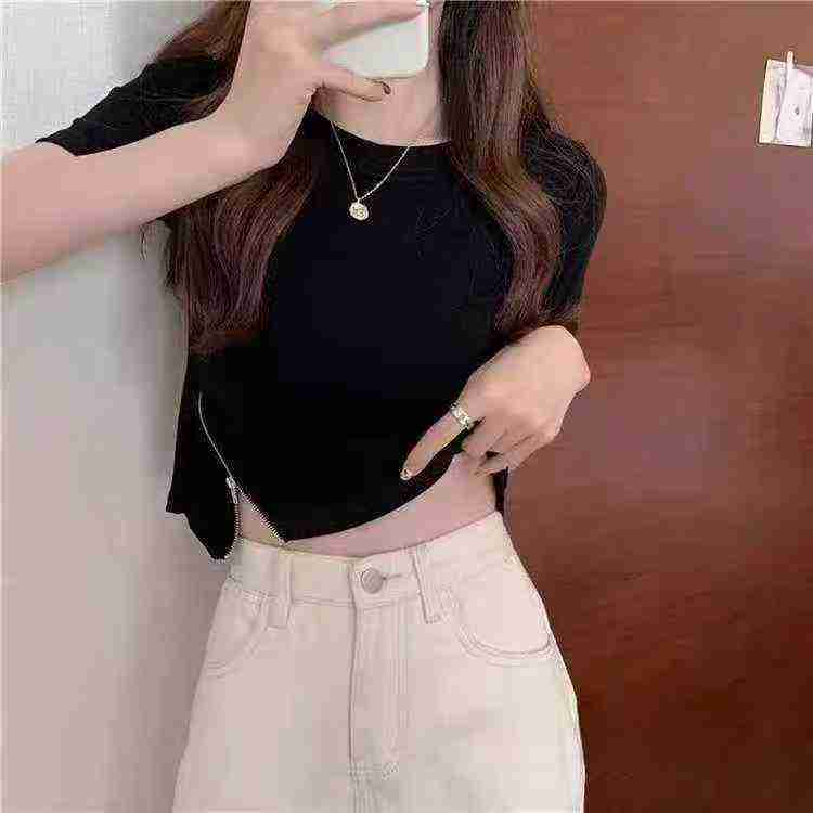 Full Clearance Approx 400 Pcs High Quality Korean Style Slim Fit Short Zipper Slit Tops, Sizes S-2XL, Solid Color, Individually Packed With Hangtag - Image 1