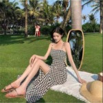 274 Pcs 2026 New Summer Slim Fit Plaid High Waist Slit Suspender Maxi Dress For Women - Image 1