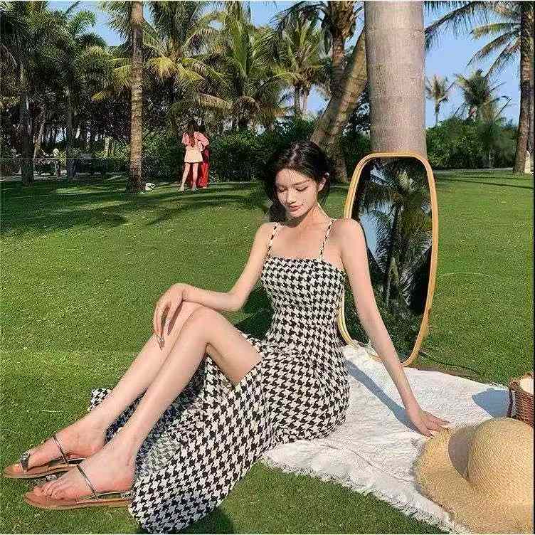 274 Pcs 2026 New Summer Slim Fit Plaid High Waist Slit Suspender Maxi Dress For Women - Image 1
