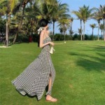 274 Pcs 2026 New Summer Slim Fit Plaid High Waist Slit Suspender Maxi Dress For Women - Image 7
