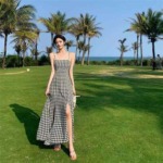 274 Pcs 2026 New Summer Slim Fit Plaid High Waist Slit Suspender Maxi Dress For Women - Image 5