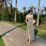 274 Pcs 2026 New Summer Slim Fit Plaid High Waist Slit Suspender Maxi Dress For Women - Image 4