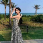 274 Pcs 2026 New Summer Slim Fit Plaid High Waist Slit Suspender Maxi Dress For Women - Image 3