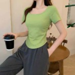 356 Pieces Women's Summer Ice Silk Rib Solid Color U-Neck Curved Hem Slim Fit Short Sleeve T-Shirts (4 Colors, Sizes M-XL) Stock Lot - Image 8