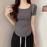 356 Pieces Women's Summer Ice Silk Rib Solid Color U-Neck Curved Hem Slim Fit Short Sleeve T-Shirts (4 Colors, Sizes M-XL) Stock Lot - Image 7