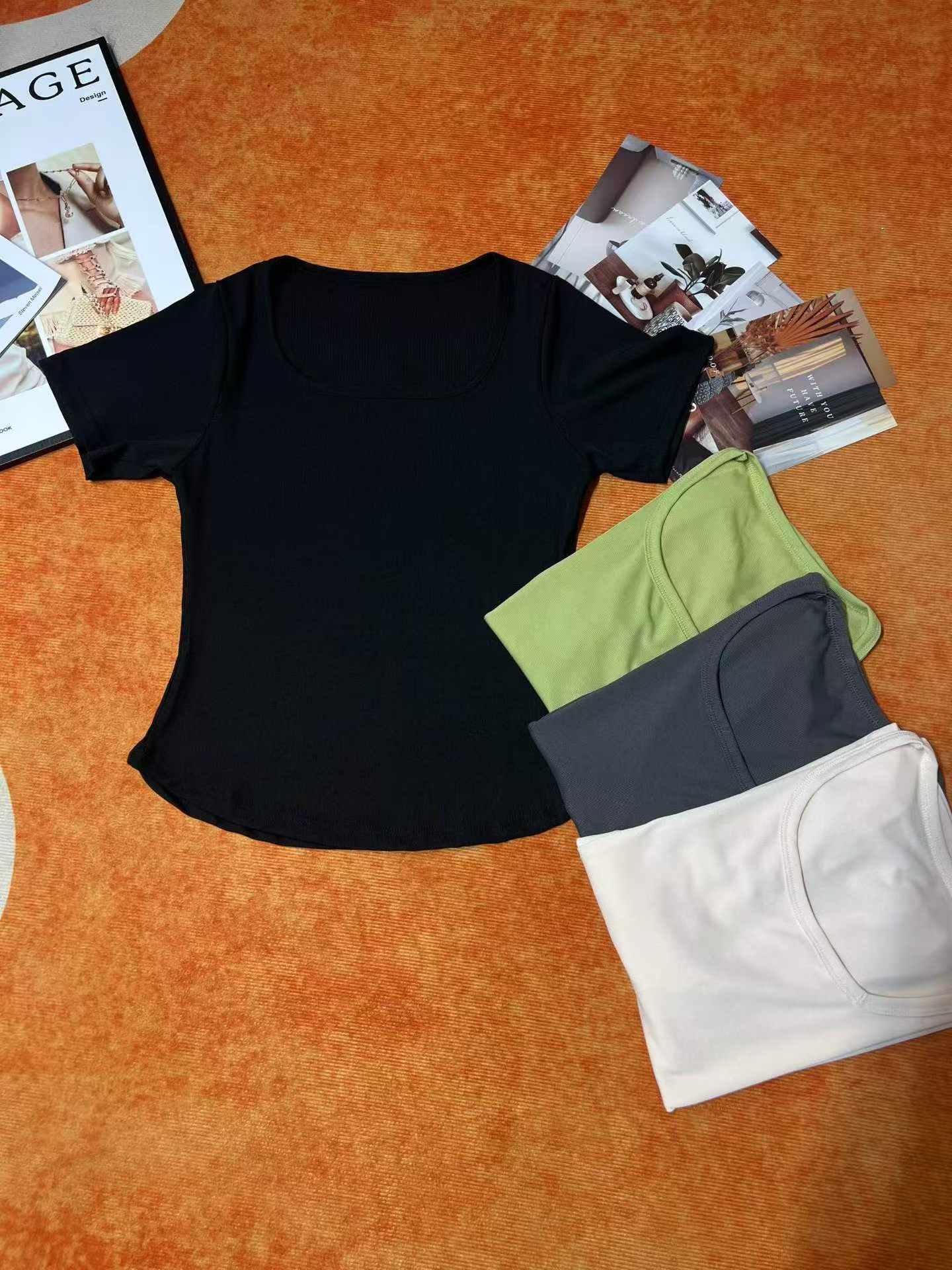 356 Pieces Women's Summer Ice Silk Rib Solid Color U-Neck Curved Hem Slim Fit Short Sleeve T-Shirts (4 Colors, Sizes M-XL) Stock Lot - Image 2