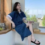 40 Pcs Hong Kong Style Women's Summer Vintage Backless Loose Mid-length Short Sleeve Denim Shirt Dress Stock Lot - Image 1