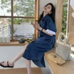 40 Pcs Hong Kong Style Women's Summer Vintage Backless Loose Mid-length Short Sleeve Denim Shirt Dress Stock Lot - Image 9