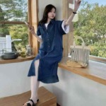 40 Pcs Hong Kong Style Women's Summer Vintage Backless Loose Mid-length Short Sleeve Denim Shirt Dress Stock Lot - Image 8