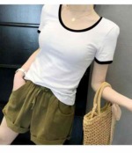 85 Pcs Black White Color Block Crew Neck Short Sleeve Slim Fit Women's T-Shirt 2026 Summer Versatile Tops - Image 1