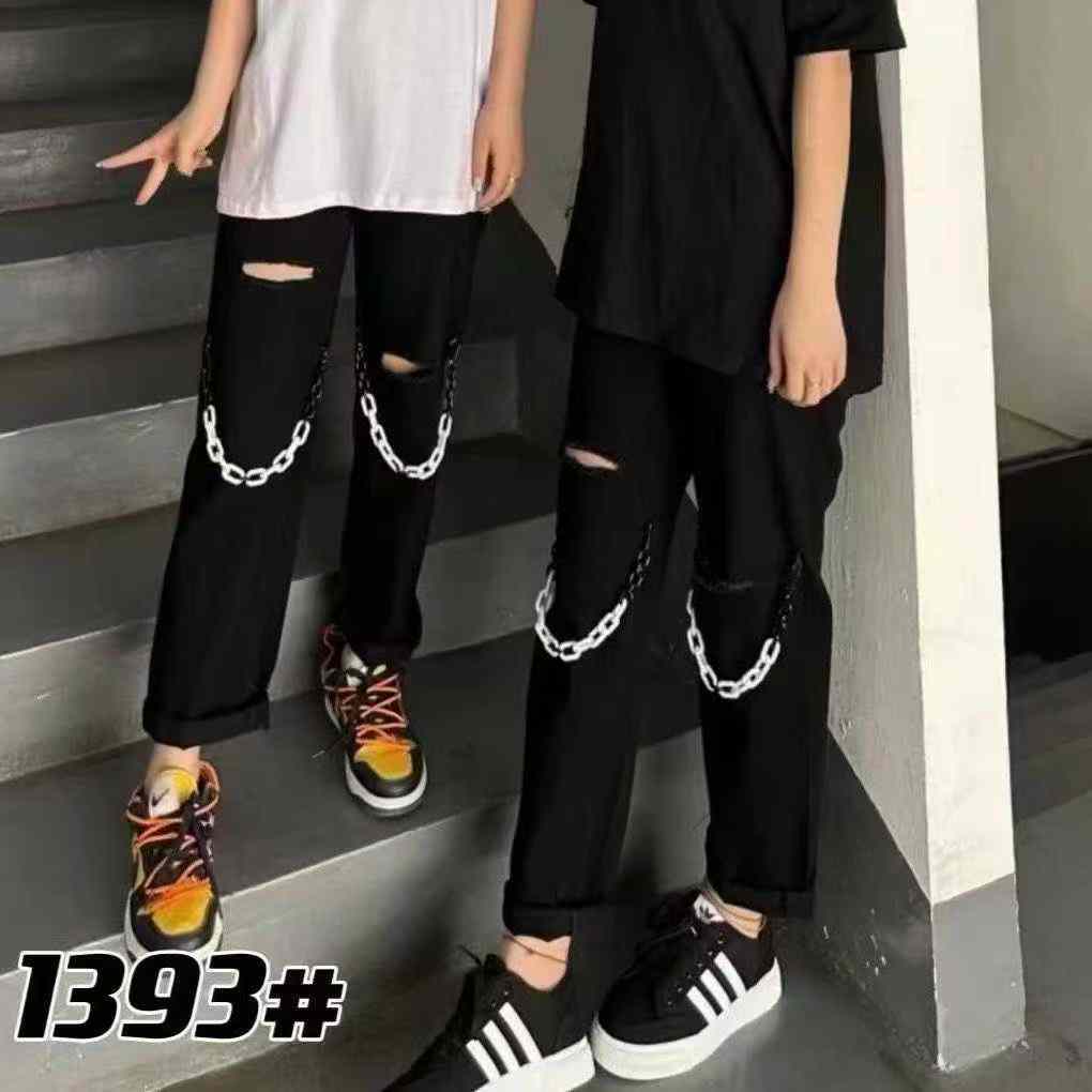28 Pieces Unisex Trendy Chain Jeans Loose Wide Leg Stock Clearance Wholesale - Image 1