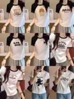 1451 Pieces Women's Patchwork Cotton Summer Short Sleeve Cropped T-Shirts Bulk Stock - Image 9