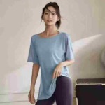 Bulk Stock Wholesale About 300PCS Summer Thin High Stretch Loose Slit Irregular Yoga Short Sleeve T-Shirts - Image 1