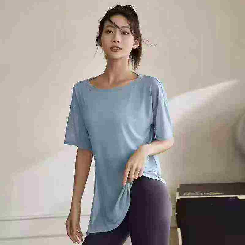 Bulk Stock Wholesale About 300PCS Summer Thin High Stretch Loose Slit Irregular Yoga Short Sleeve T-Shirts - Image 1