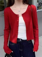 New Spring Vintage Red Plain Simple Long Sleeve Knit Cardigan - 400PCS Bulk Stock Wholesale - Image 5