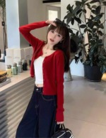 New Spring Vintage Red Plain Simple Long Sleeve Knit Cardigan - 400PCS Bulk Stock Wholesale - Image 3