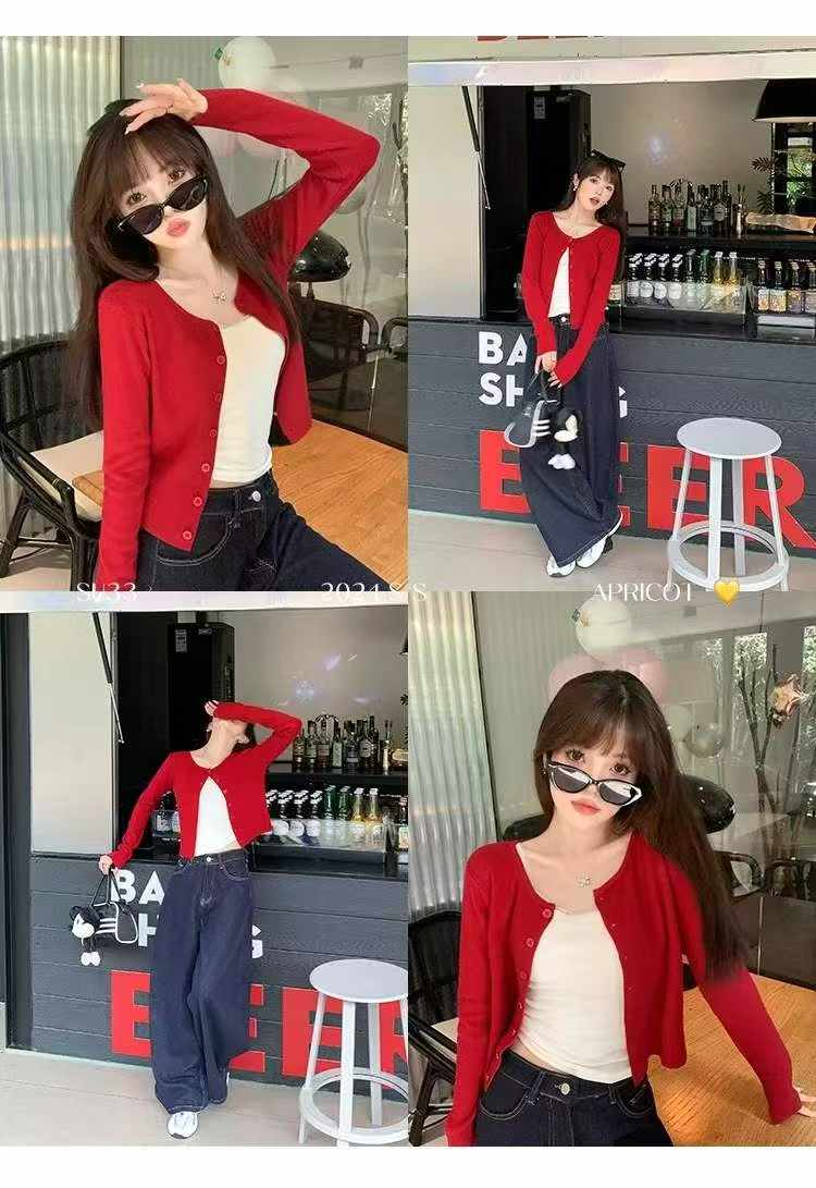 New Spring Vintage Red Plain Simple Long Sleeve Knit Cardigan - 400PCS Bulk Stock Wholesale - Image 2