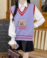 862 Pcs Spring Korean College Style Cartoon Bear Jacquard V-neck Pullover Sweater Vest Bulk Wholesale - Image 2