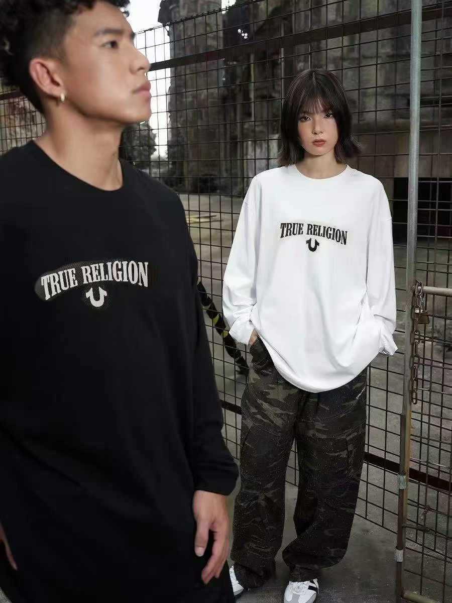 1800 Pcs Clearance Vintage Letter American Style Unisex Loose Long Sleeve Twill T-Shirts - Image 1