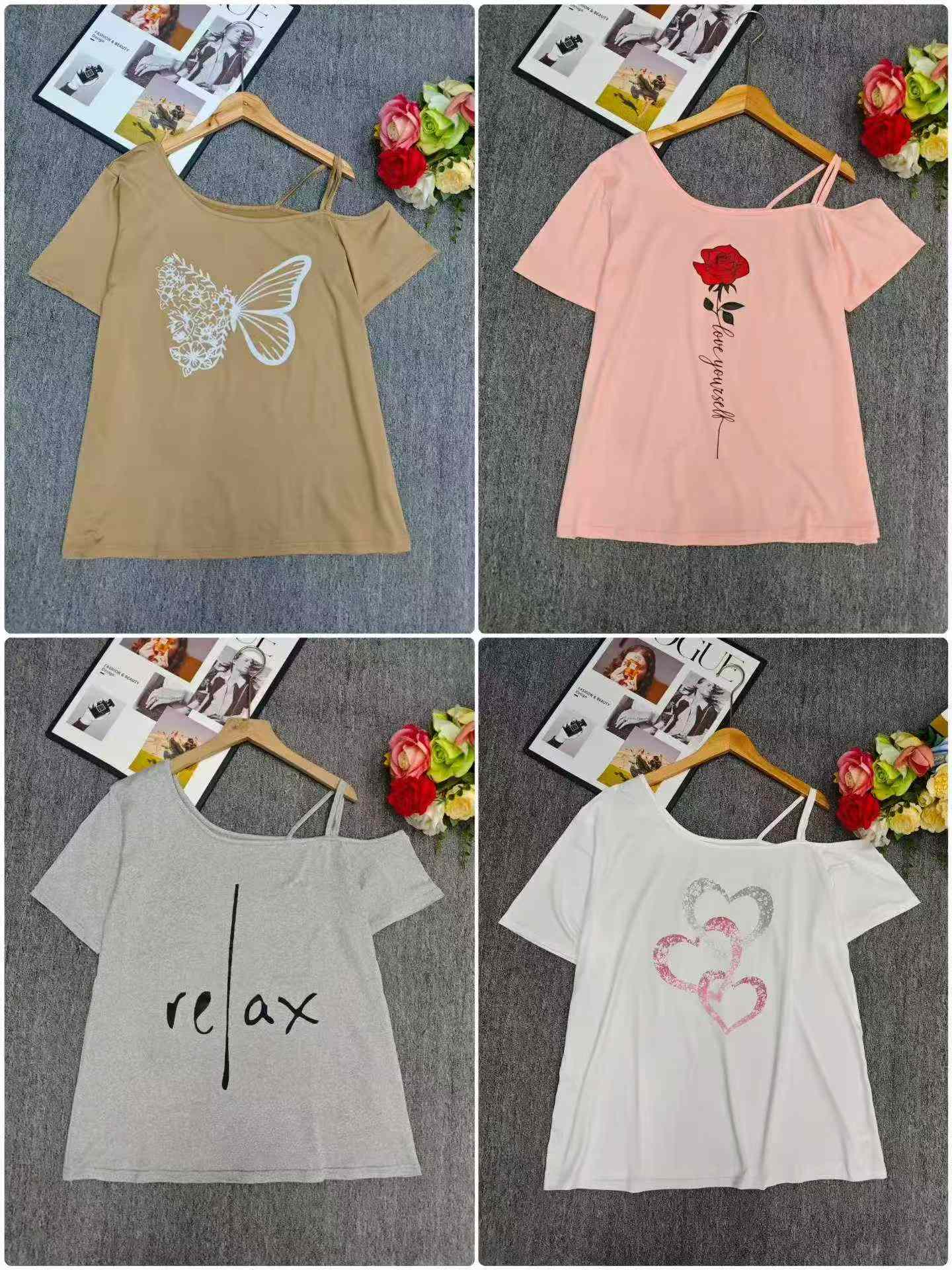 650 Pcs Summer Trendy Retro One-shoulder Strap Printed T-shirts Stock Wholesale Export - Image 2