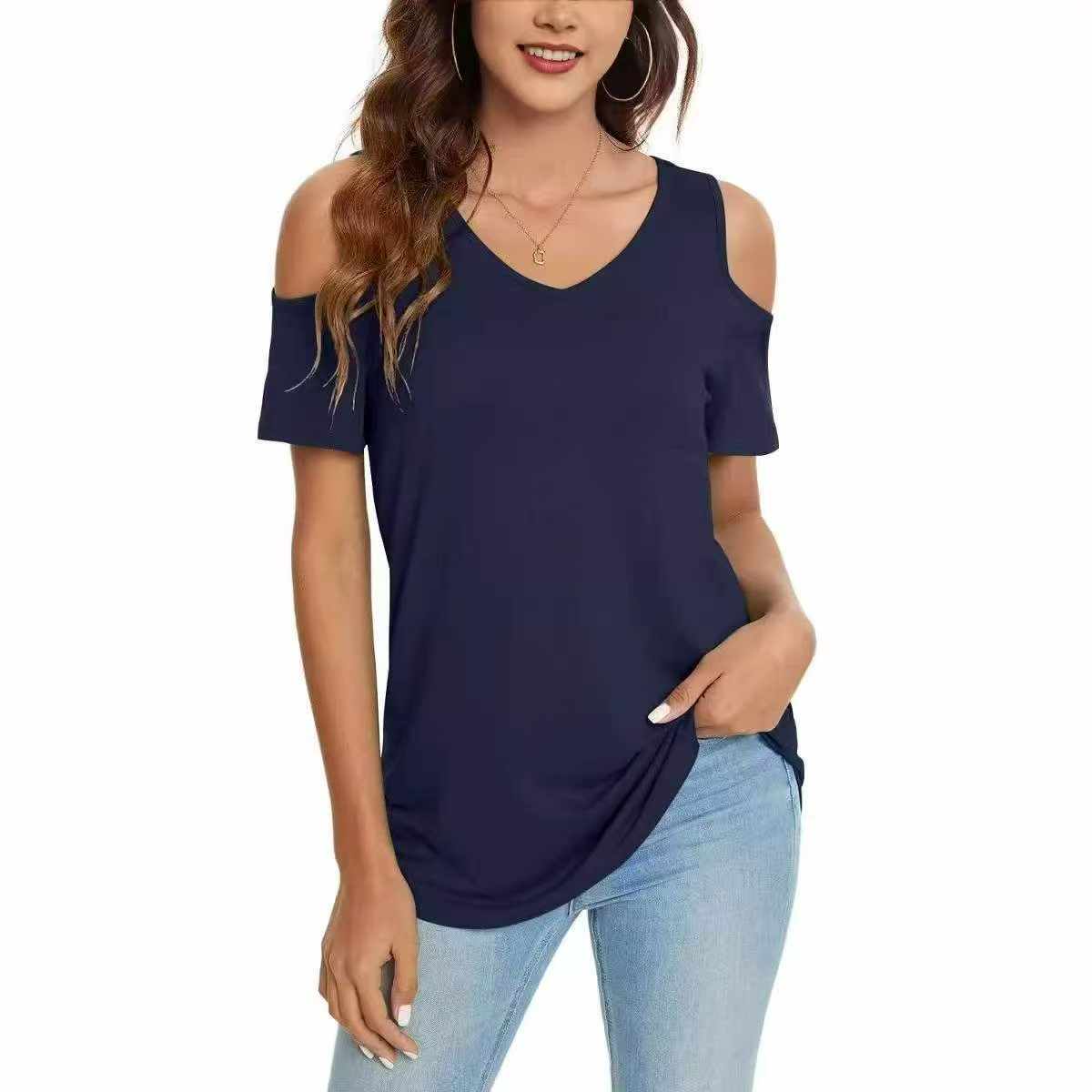 52 Pieces Sexy Loose Off-shoulder Asymmetrical T-Shirts Stock Clearance Wholesale - Image 1