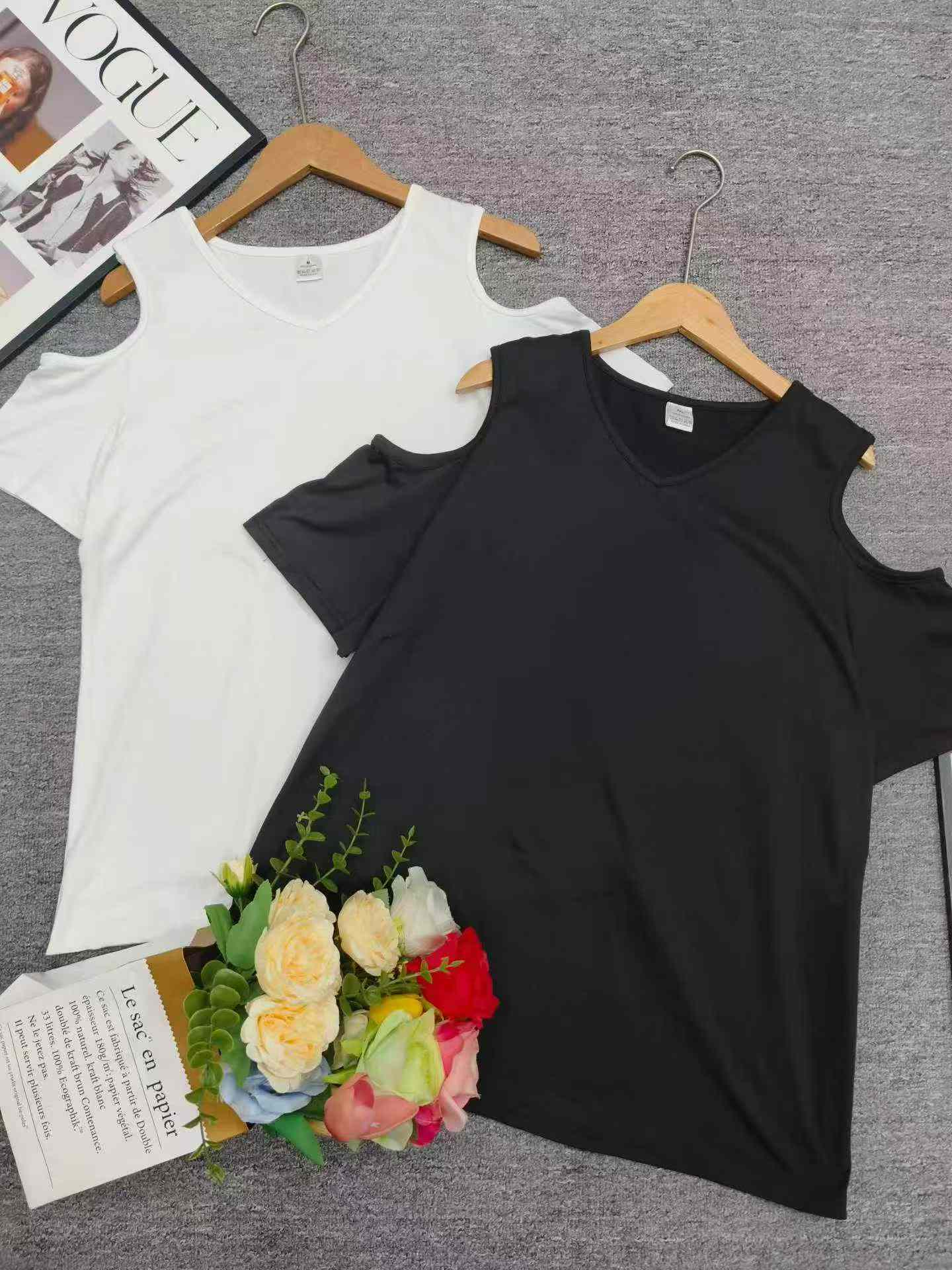 52 Pieces Sexy Loose Off-shoulder Asymmetrical T-Shirts Stock Clearance Wholesale - Image 2