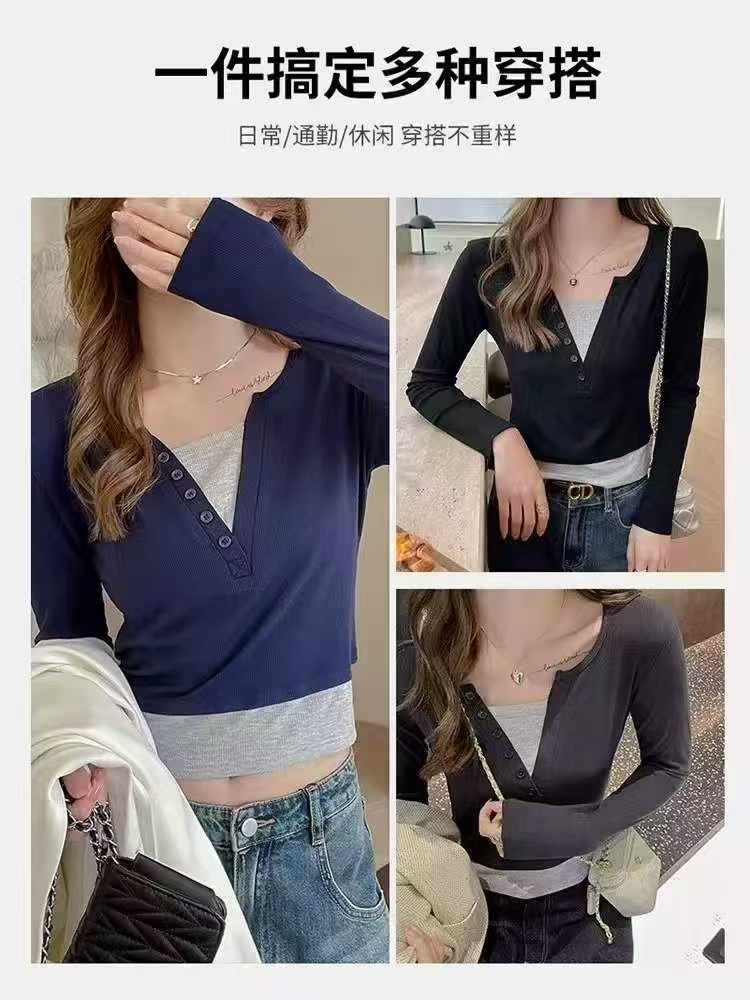 New Spring Korean Style Fake Two-piece V-neck Slim Long Sleeve Tops, 440 Pcs, Bulk Stock Clearance Wholesale - Image 1