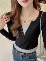 New Spring Korean Style Fake Two-piece V-neck Slim Long Sleeve Tops, 440 Pcs, Bulk Stock Clearance Wholesale - Image 7