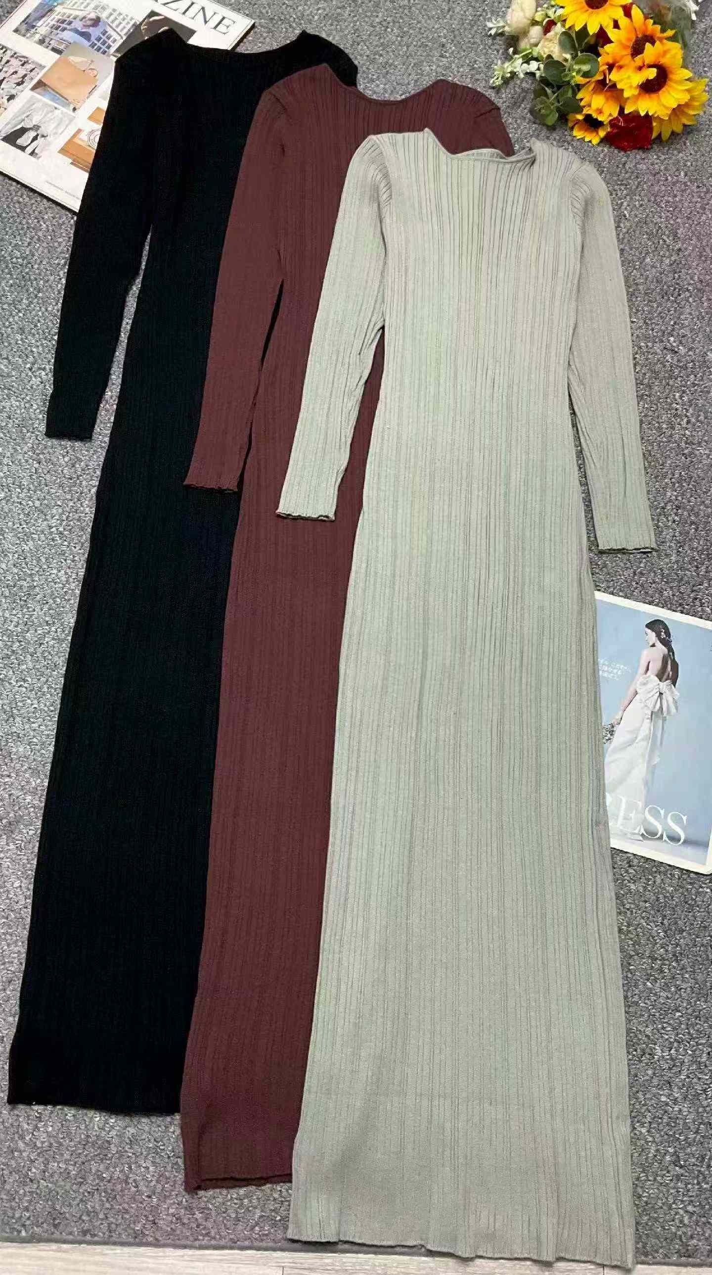 Clearance Sale: 66 Pcs Spring Summer Solid Ribbed Stretchy Slim Fit Long Sleeve Long Knit Sweater Dress Wholesale Stock Lot - Image 1