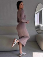 Clearance Sale: 66 Pcs Spring Summer Solid Ribbed Stretchy Slim Fit Long Sleeve Long Knit Sweater Dress Wholesale Stock Lot - Image 7