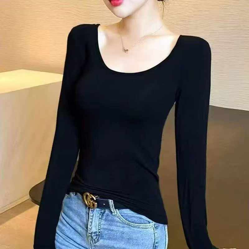 103 Pieces U-Neck Black Slim Waist Stretchy Long Sleeve Basic Tops Size S-2XL Clearance Stock Wholesale - Image 1