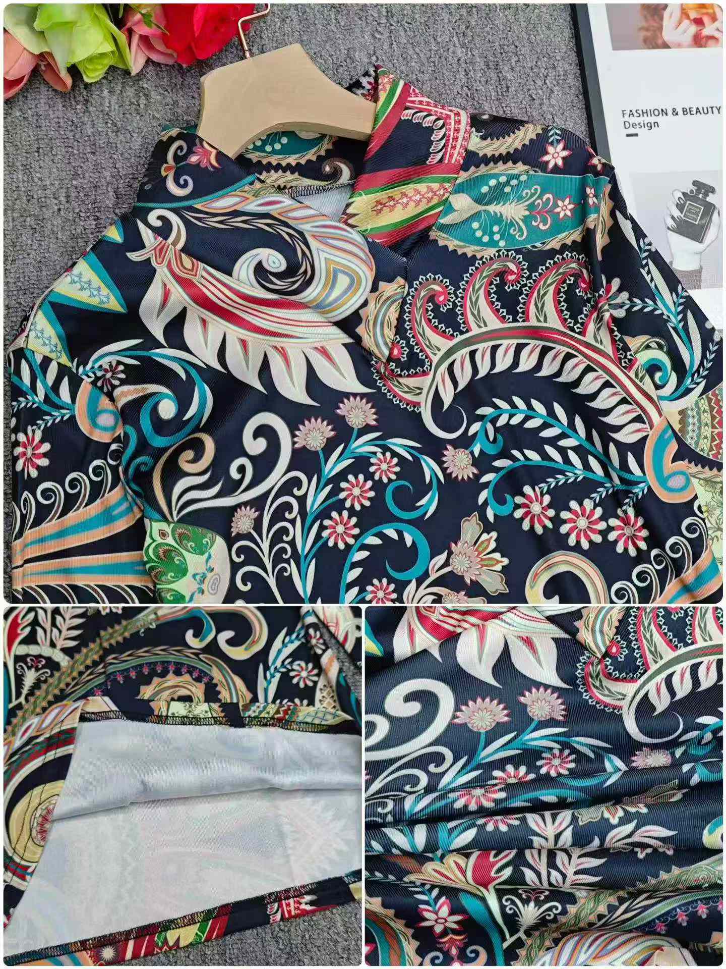 160 Pcs Elegant Mature Style Women V-Neck Printed Long Sleeve Base Tops, Size S-2XL Stock Lot - Image 2