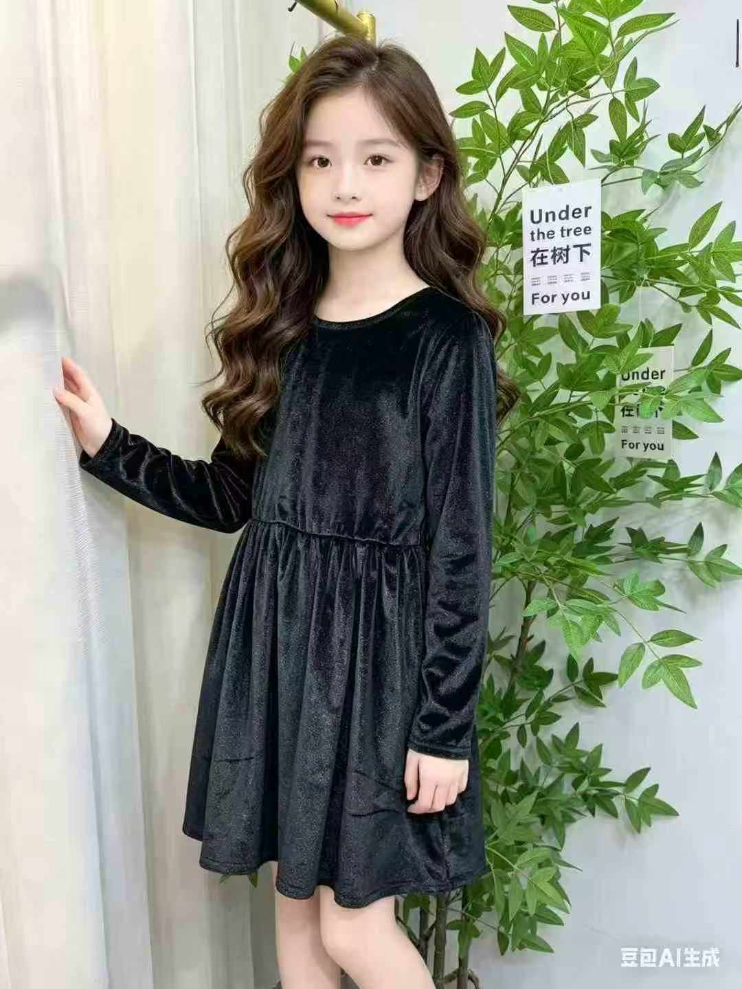 1900 Pieces Winter Girls Black High-end Velvet Fleece Lined Kids Birthday Piano Host Party Dress Stock Lot - Image 1