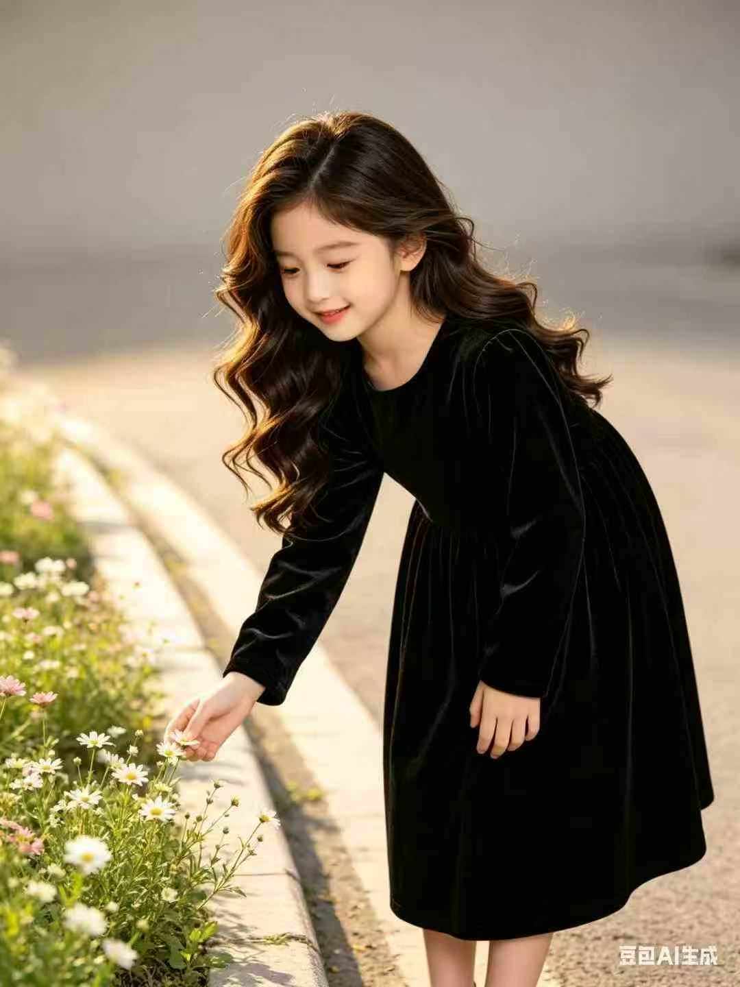 1900 Pieces Winter Girls Black High-end Velvet Fleece Lined Kids Birthday Piano Host Party Dress Stock Lot - Image 2