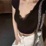 Clearance Bulk Wholesale Women's Sexy Slim Fit V Neck Lace Short Sleeve T-Shirt Sizes S-XL, SKU 001#31 - Image 9