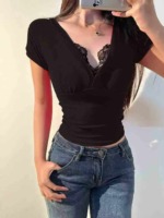Clearance Bulk Wholesale Women's Sexy Slim Fit V Neck Lace Short Sleeve T-Shirt Sizes S-XL, SKU 001#31 - Image 5