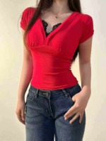 Clearance Bulk Wholesale Women's Sexy Slim Fit V Neck Lace Short Sleeve T-Shirt Sizes S-XL, SKU 001#31 - Image 4