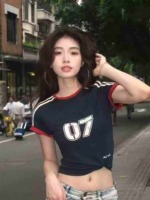 Wholesale Clearance Women's Retro Color Block Raglan Fitted Short Sleeve T-Shirt, Sizes 1-6, Individual Pack, Stock Lot SKU 001#31 - Image 5