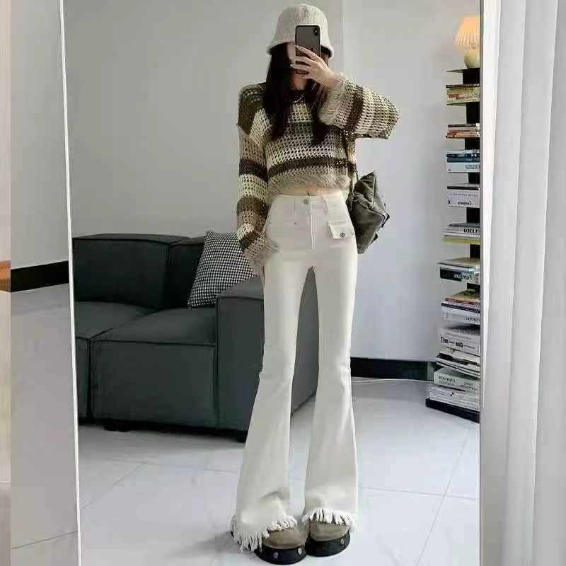 234 Pieces Women's White Stretch Fringed Micro Flare Jeans, Fringe Trim Petite Milk White Flared Jeans for 2026 Spring Summer - Image 1